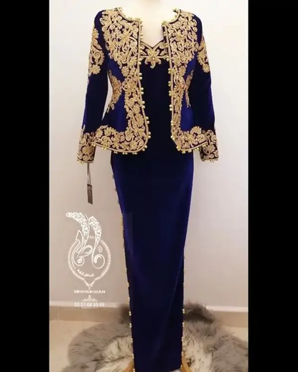 Robes formelles de bal en velours bleu royal avec veste à manches longues personnalisée dentelle dorée Karakou tenue algérienne robe d'occasion de soi