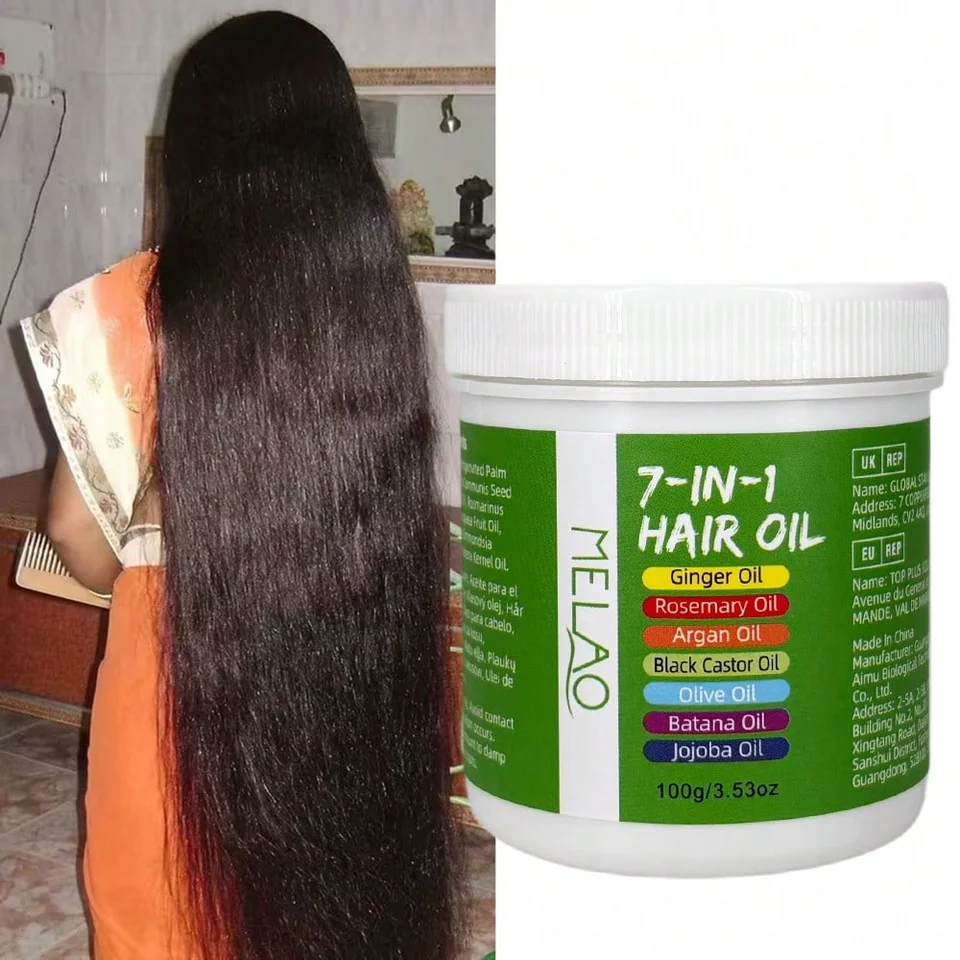 Huile capillaire MELAO 7-en-1, avec gingembre, romarin, argan et huile de ricin noir, huile nourrissante pour le cuir chevelu et les cheveux secs et a
