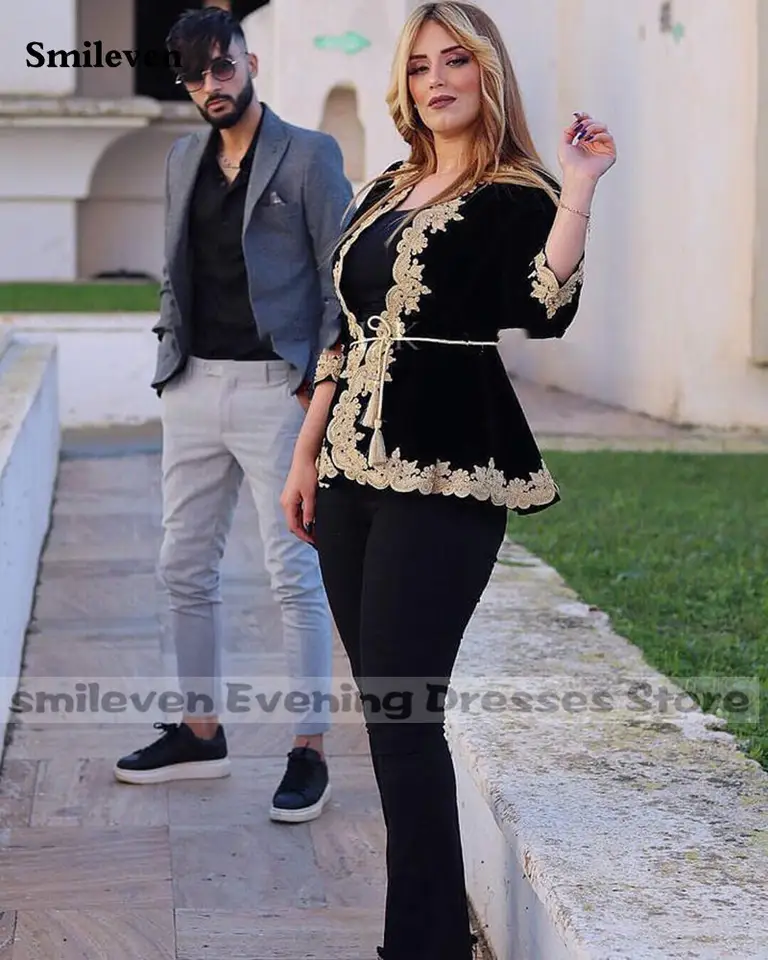 Smileven-Robe de Soirée en Velours Noir Karakou, Caftan Préliminaire, Veste Uniquement, Poignées, Ceinture Amovible, Robe de Bal, Dentelle Dorée, ix