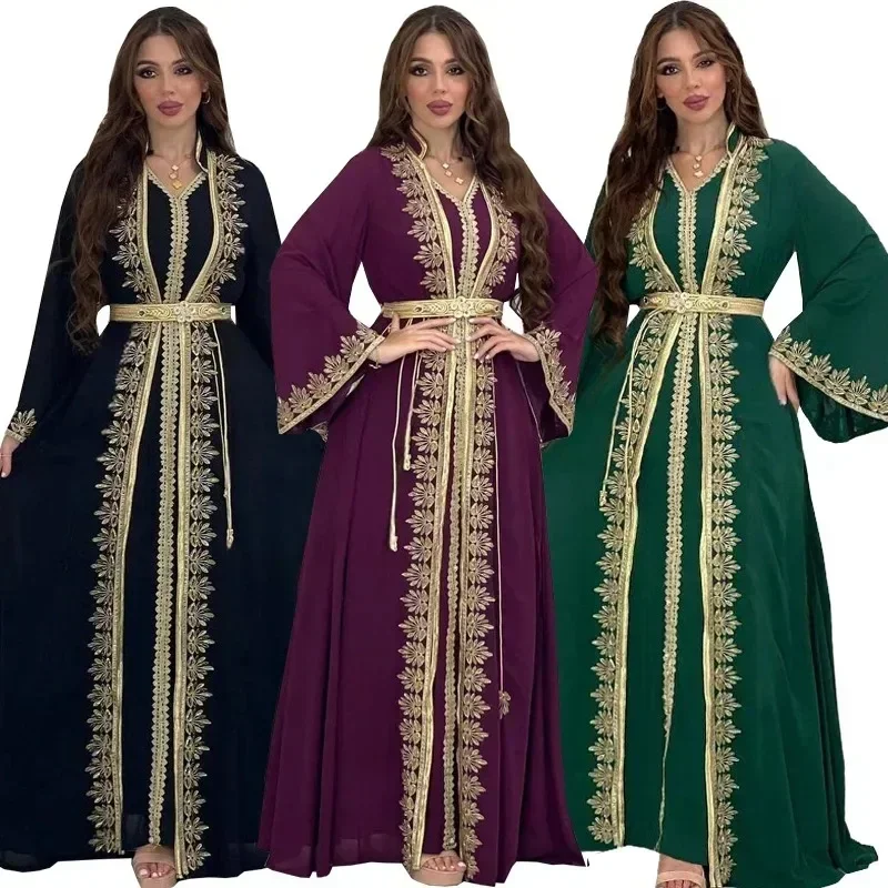 Ensemble de robes de soirée musulmanes pour femmes, robe longue arabe brodée, abayas de Dubaï, caftan islamique, robe musulmane, Eid, Ramadan, 2 pièce
