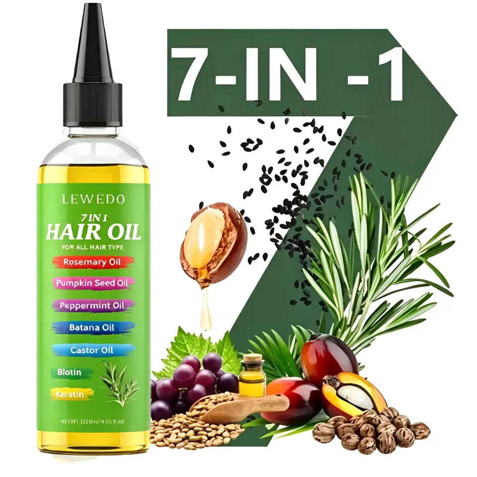 Huile capillaire 7-en-1 pour tous types de cheveux, complexe d'huiles végétales naturelles, sérum capillaire réparateur, réduit la casse, hydratation 