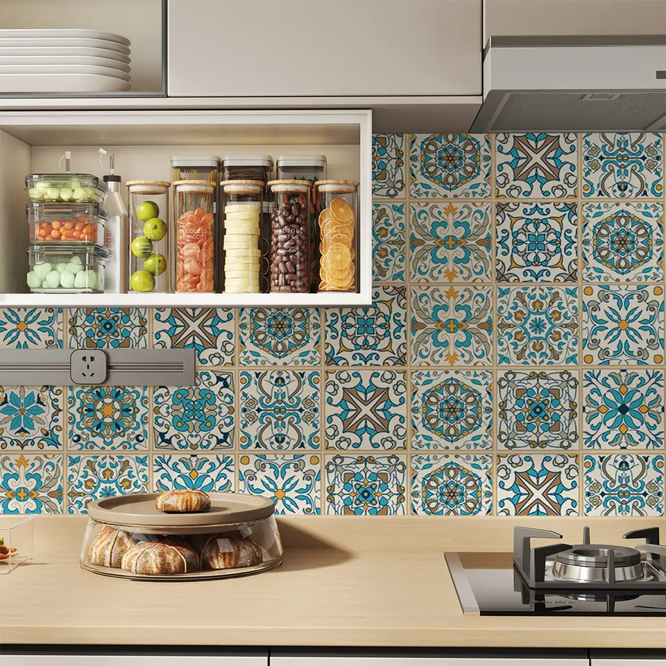 Autocollants de carrelage floral vintage marocain, auto-adhésifs résistants à l'humidité, décoration d'intérieur en vinyle amovible pour cuisines, sal